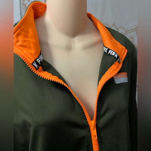 Victoria's Secret Pink L Ultimate Olive Green Neon Orange 1/2 Zip Pullover Shirt - Picture 2 of 6